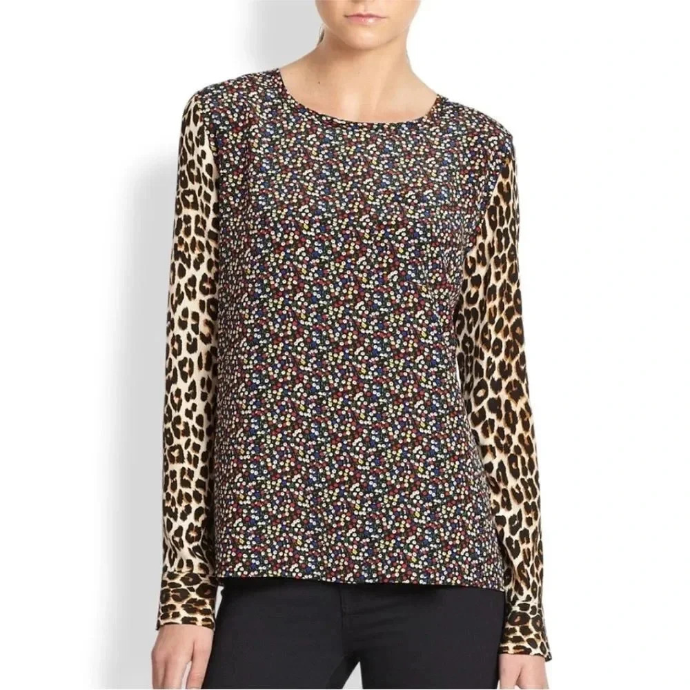 Equipment Liam 100% Silk Blouse Large Mixed Leopard Floral Print Long Sleeve